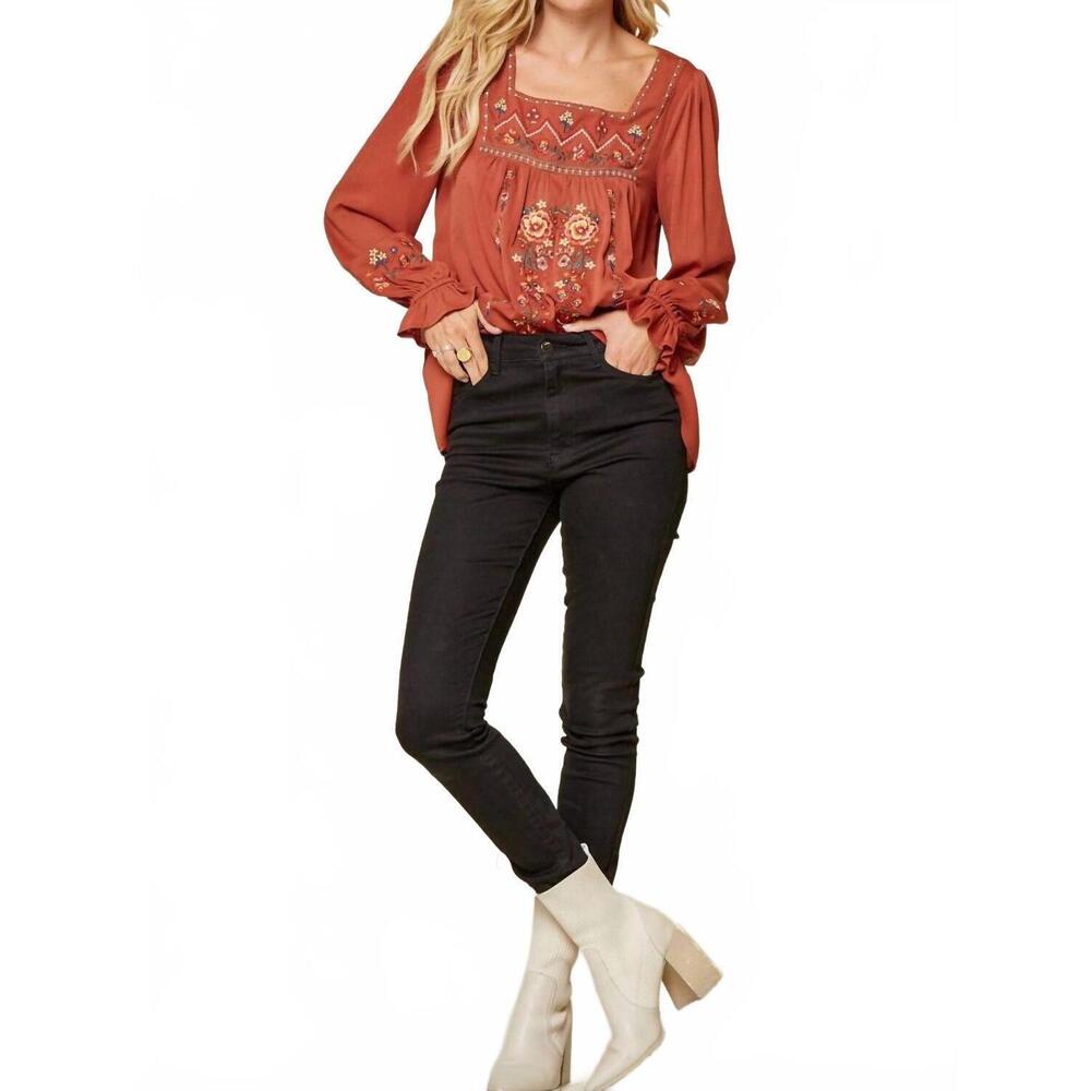 NEW ANDREE BY UNIT embroidered babydoll top in rust - Picture 5 of 5